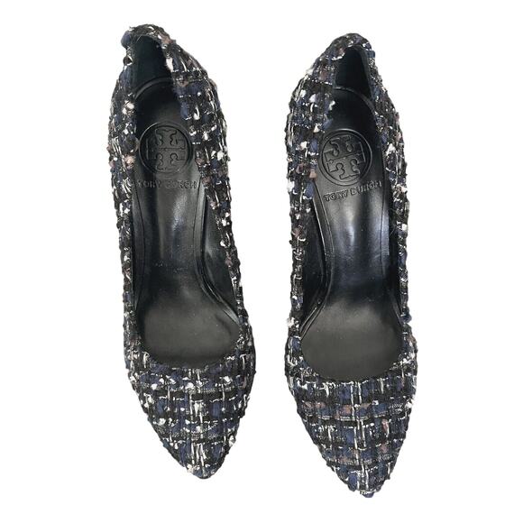 Tory Burch Academia Tweed Platform Closed Toe Stiletto Heels 7 Navy Blue New - Picture 2 of 6